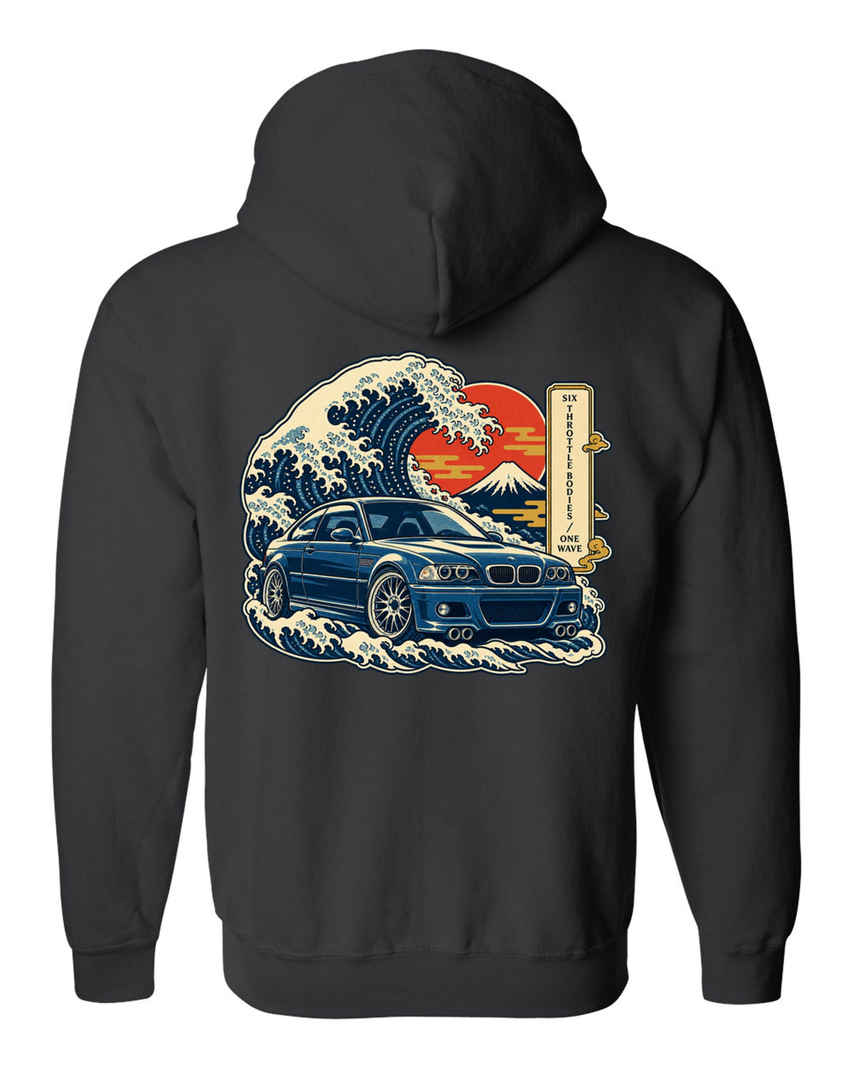 Ukiyo-e woodblock style print of a BMW E46 M3 coupe with six throttle bodies one wave text black zip hoodie back view with the design
