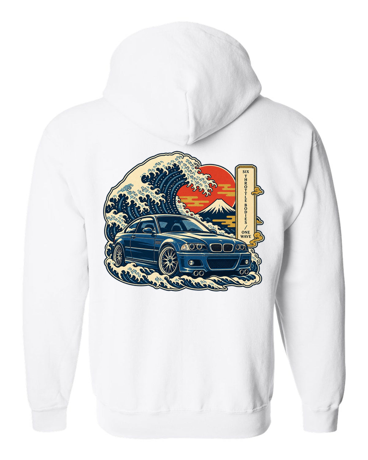 Ukiyo-e woodblock style print of a BMW E46 M3 coupe with six throttle bodies one wave text white zip hoodie back view with the design