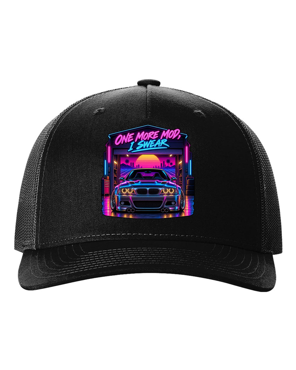 Synthwave outrun print of a BMW E46 M3 coupe with one more mod I swear text black hat front view with the design