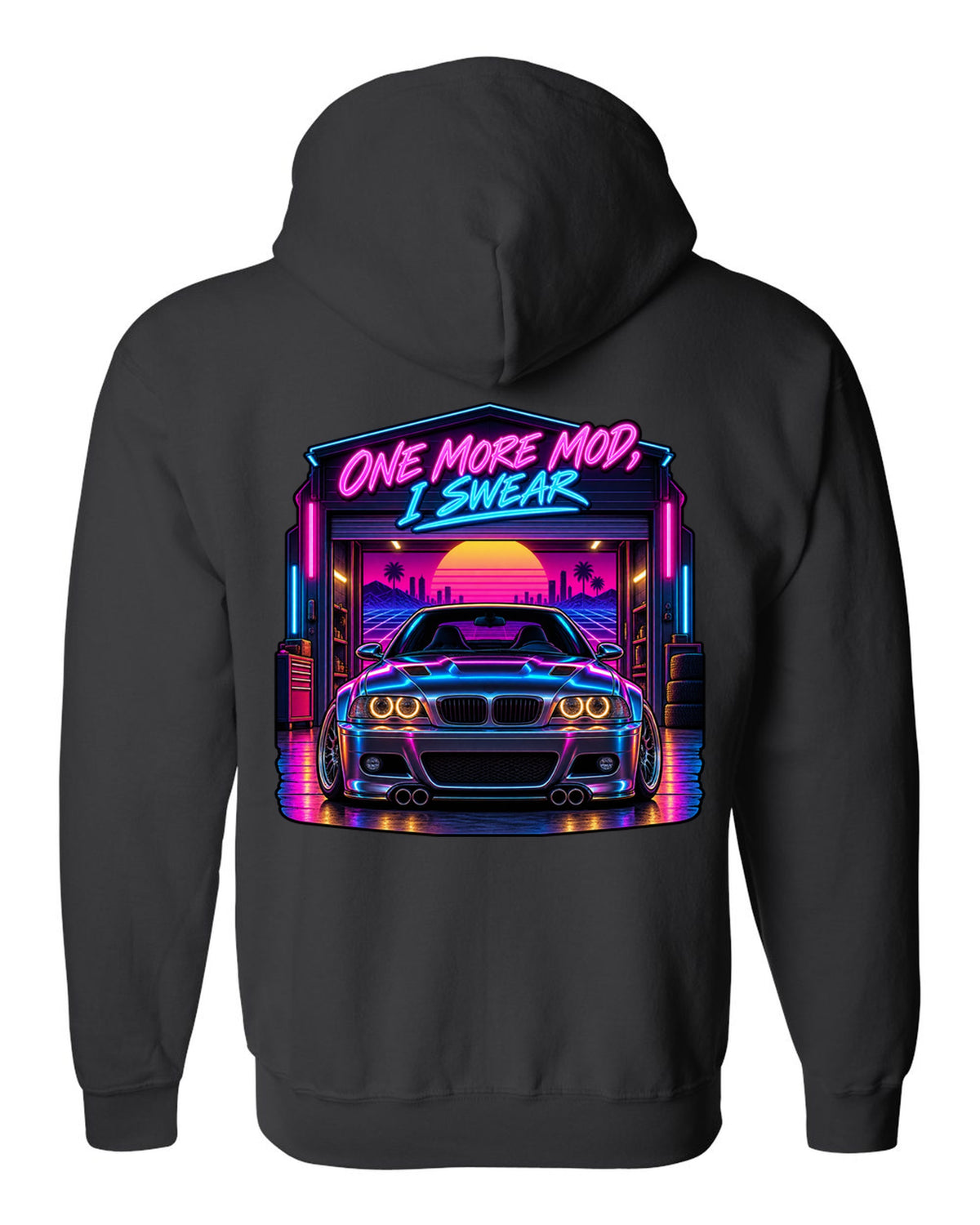 Synthwave outrun print of a BMW E46 M3 coupe with one more mod I swear text black zip hoodie back view with the design