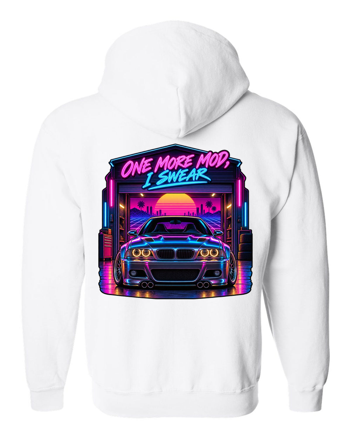 Synthwave outrun print of a BMW E46 M3 coupe with one more mod I swear text white zip hoodie back view with the design