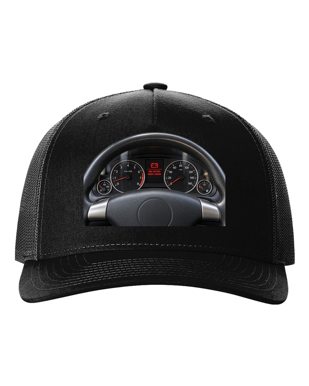 BMW E92 M3 cockpit gauge print with new battery needs coding text black hat front view with the design