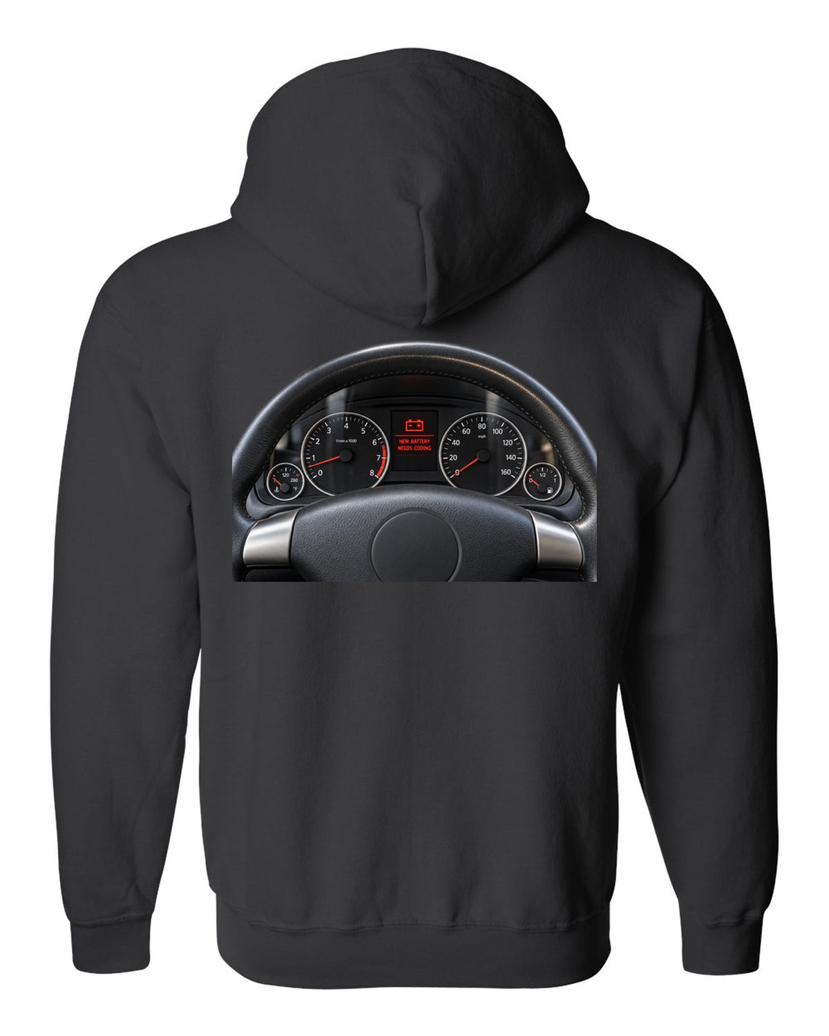 BMW E92 M3 cockpit gauge print with new battery needs coding text black zip hoodie back view with the design