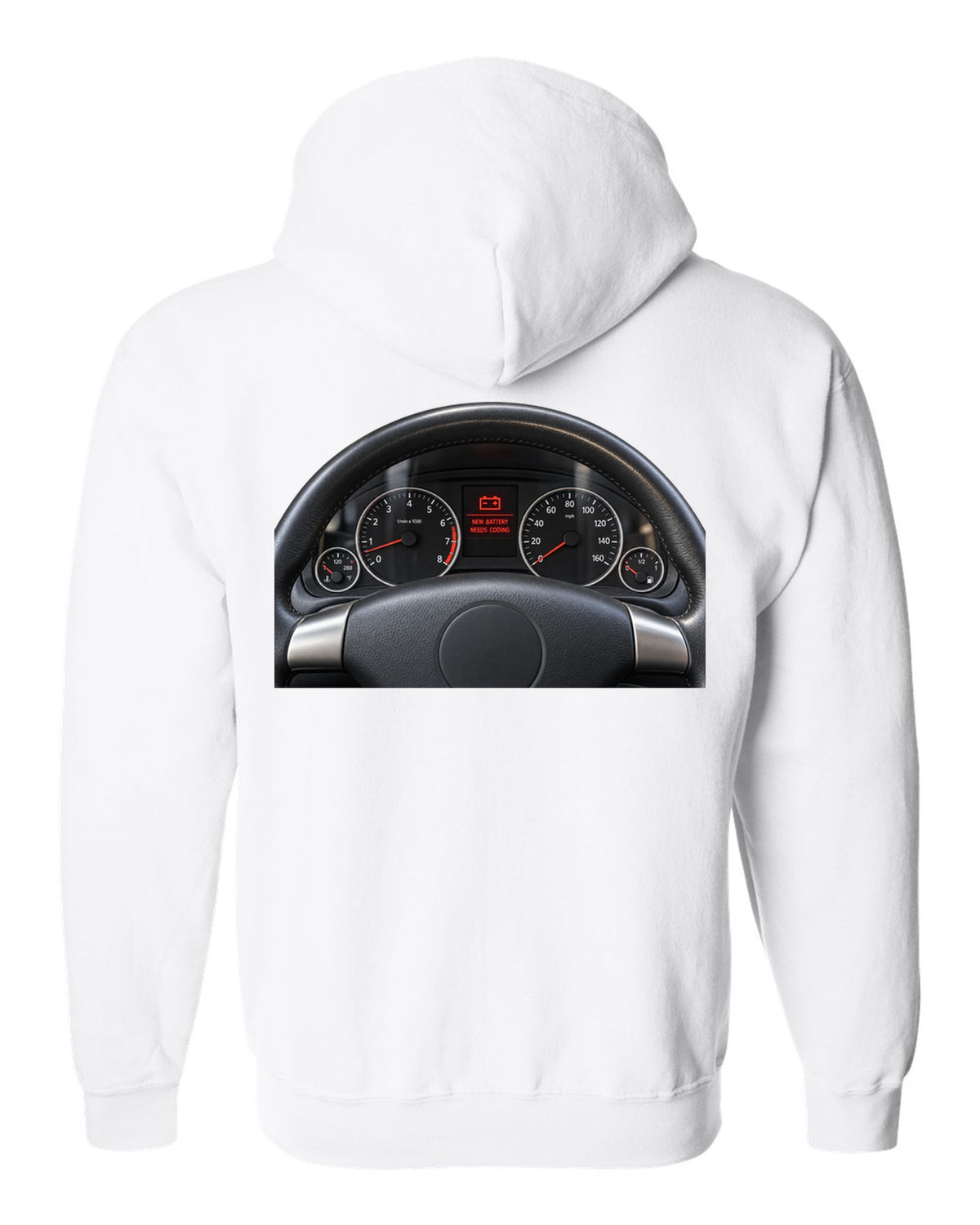 BMW E92 M3 cockpit gauge print with new battery needs coding text white zip hoodie back view with the design