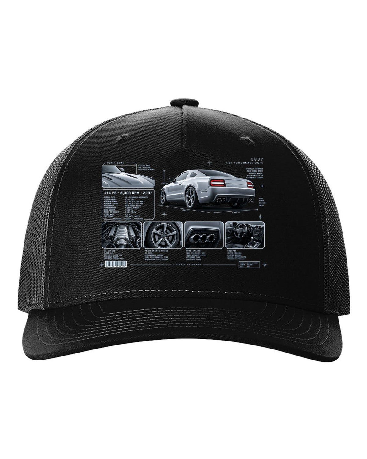 BMW E92 M3 coupe dossier panel print showing 414 PS and 8,300 RPM black hat front view with the design