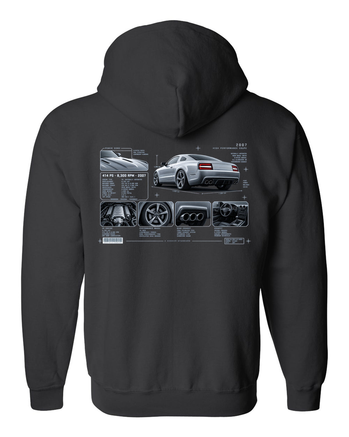 BMW E92 M3 coupe dossier panel print showing 414 PS and 8,300 RPM black zip hoodie back view with the design