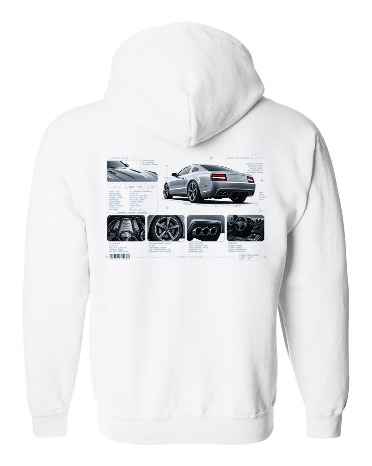 BMW E92 M3 coupe dossier panel print showing 414 PS and 8,300 RPM white zip hoodie back view with the design