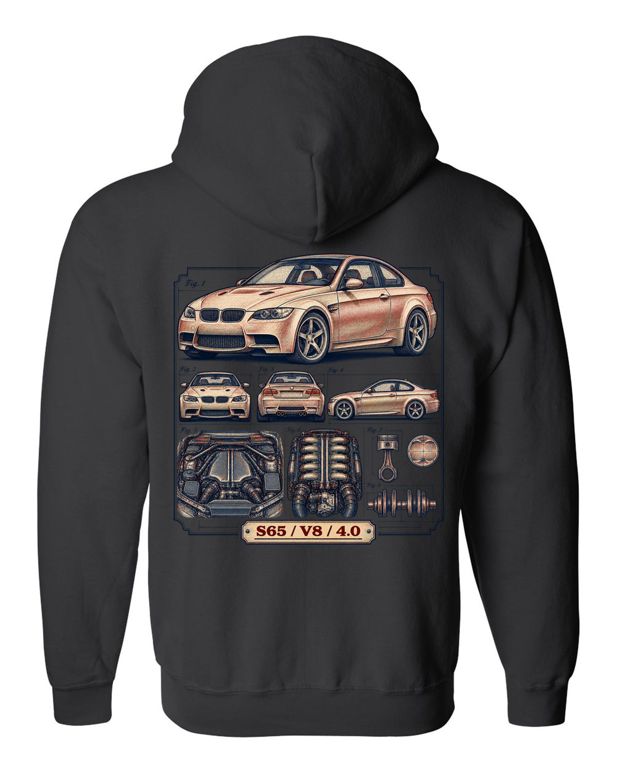 Blueprint patent line drawing of a BMW E92 M3 coupe with S65 V8 4.0 text black zip hoodie back view with the design