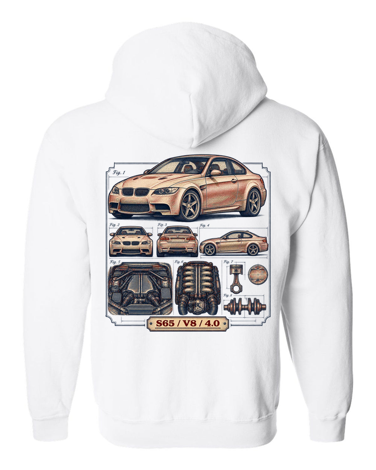 Blueprint patent line drawing of a BMW E92 M3 coupe with S65 V8 4.0 text white zip hoodie back view with the design