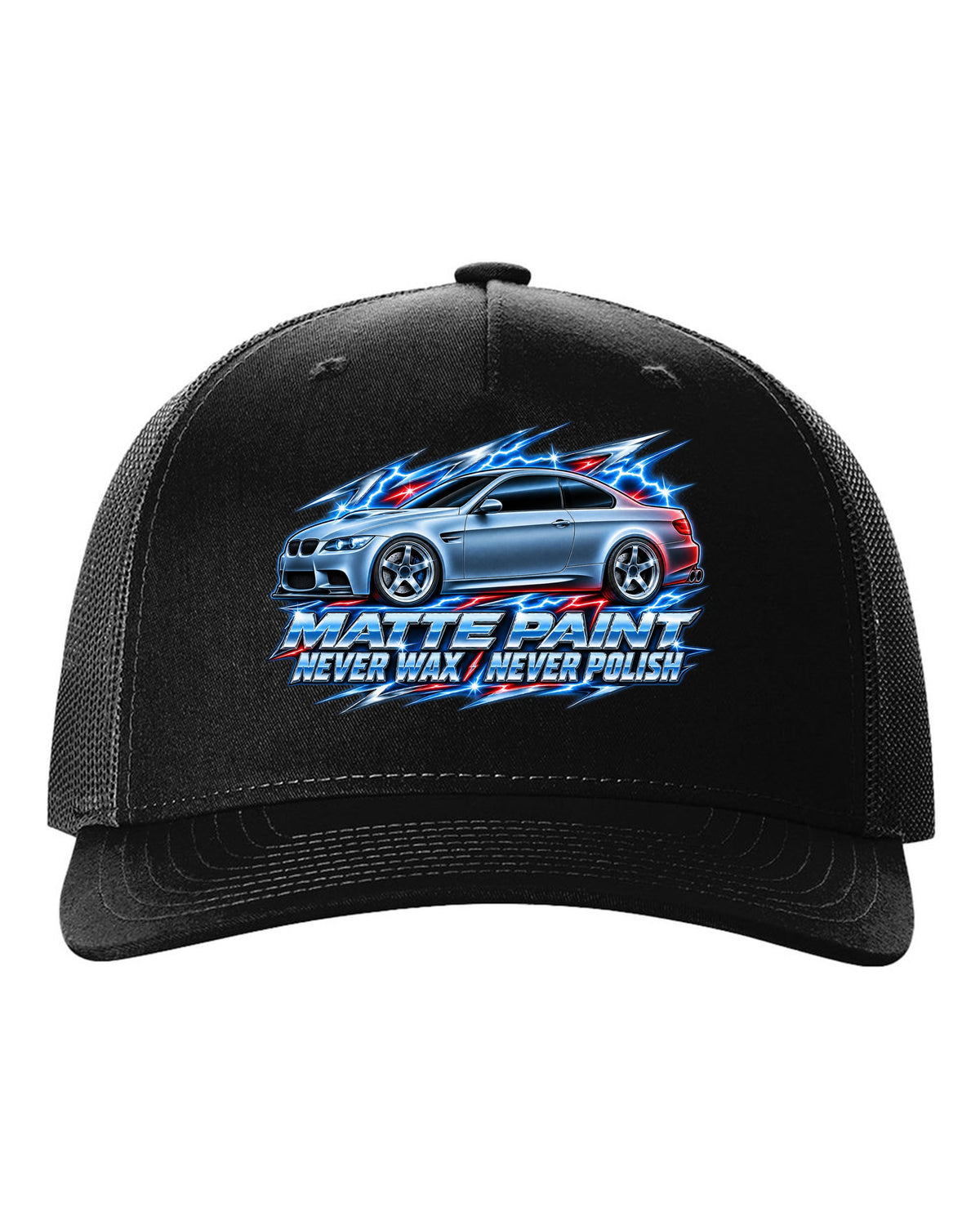 80s chrome airbrush print of a BMW E92 M3 coupe with matte paint never wax never polish text black hat front view with the design