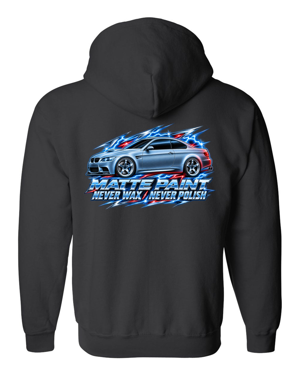 80s chrome airbrush print of a BMW E92 M3 coupe with matte paint never wax never polish text black zip hoodie back view with the design