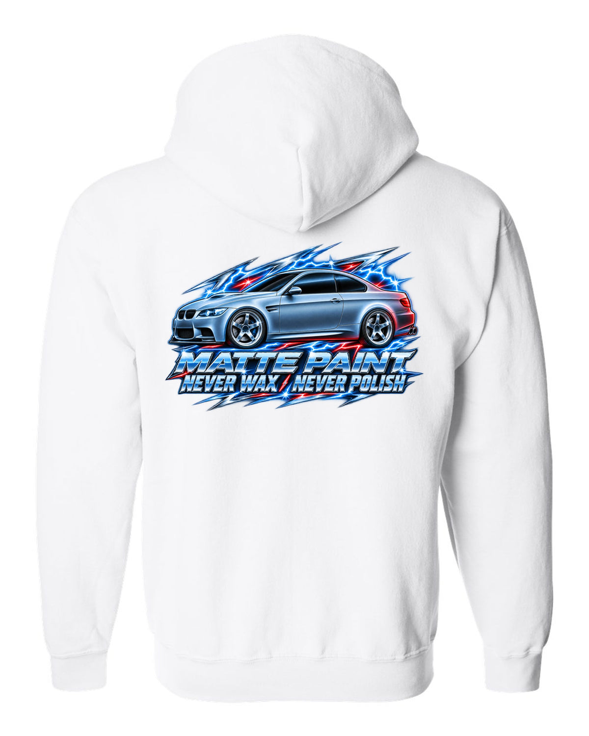80s chrome airbrush print of a BMW E92 M3 coupe with matte paint never wax never polish text white zip hoodie back view with the design