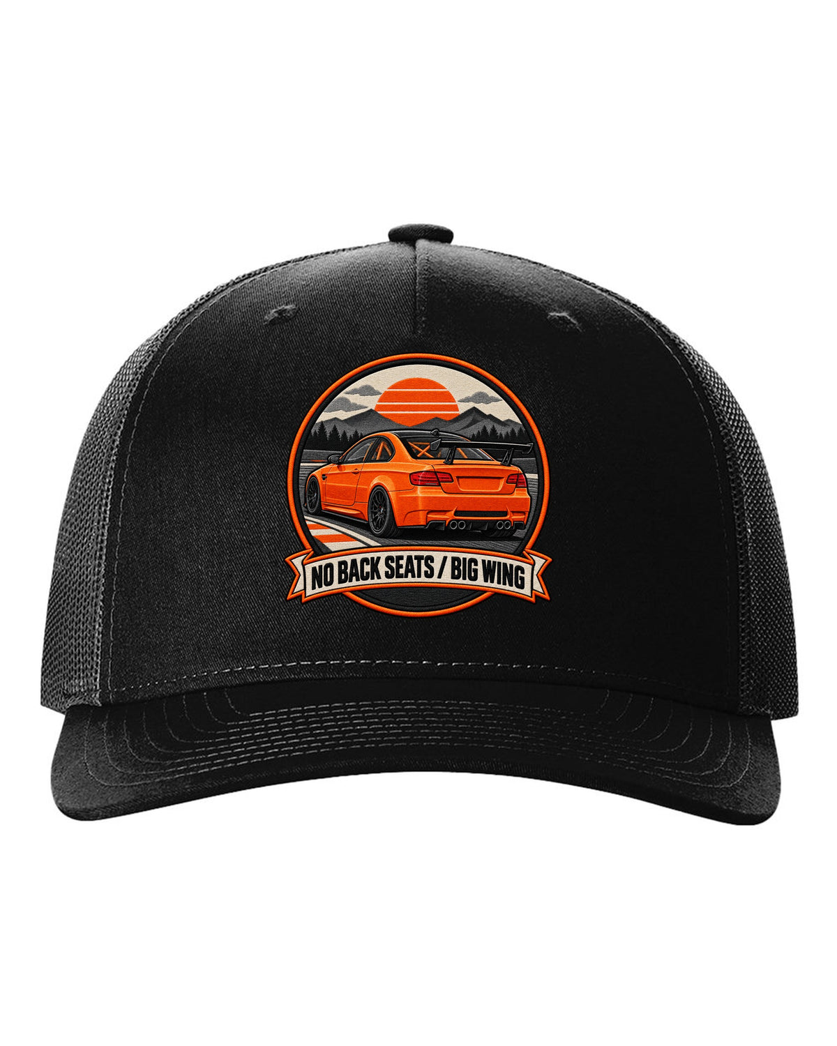 BMW E92 M3 GTS crest print with no back seats big wing text black hat front view with the design