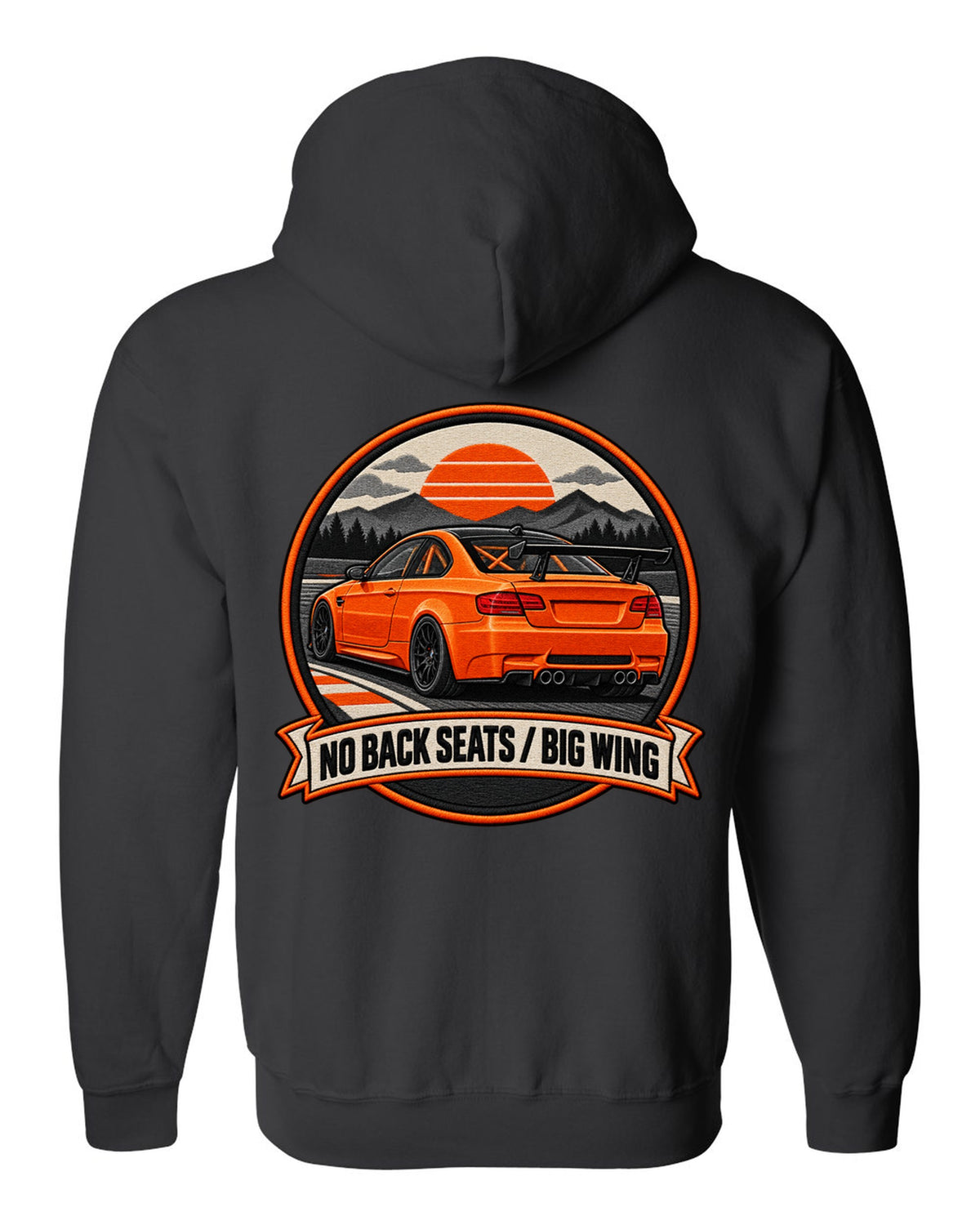 BMW E92 M3 GTS crest print with no back seats big wing text black zip hoodie back view with the design
