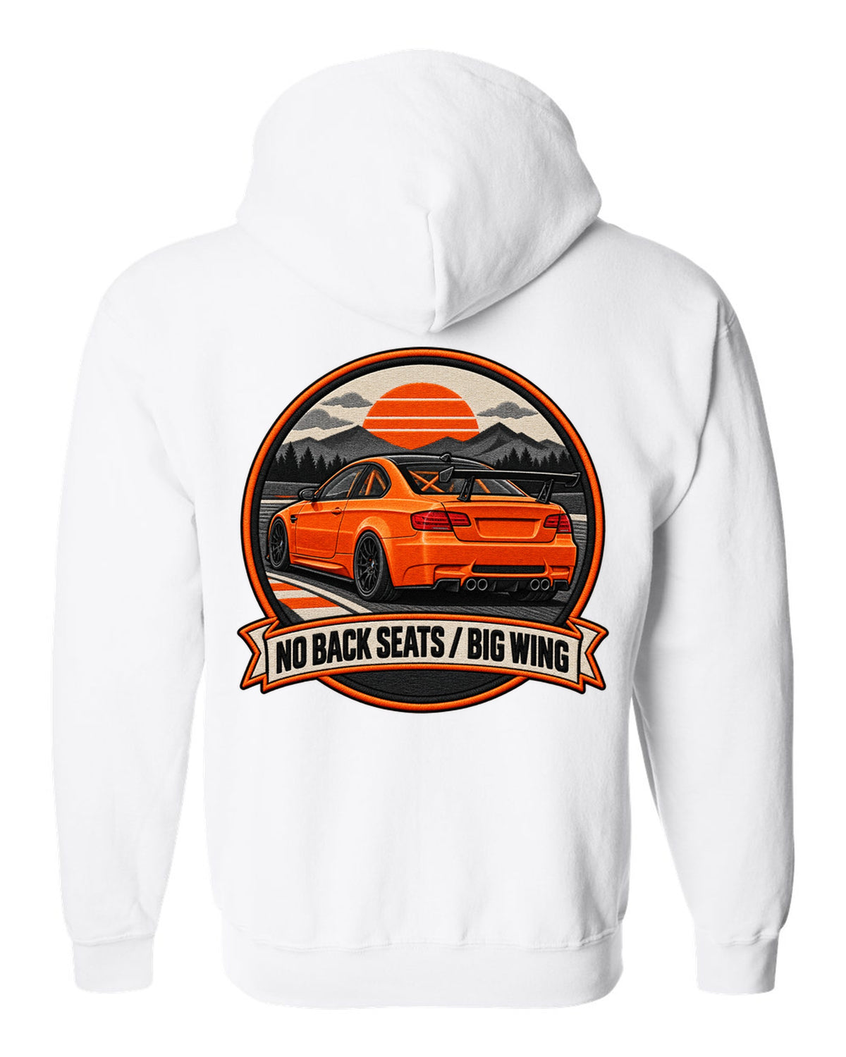 BMW E92 M3 GTS crest print with no back seats big wing text white zip hoodie back view with the design