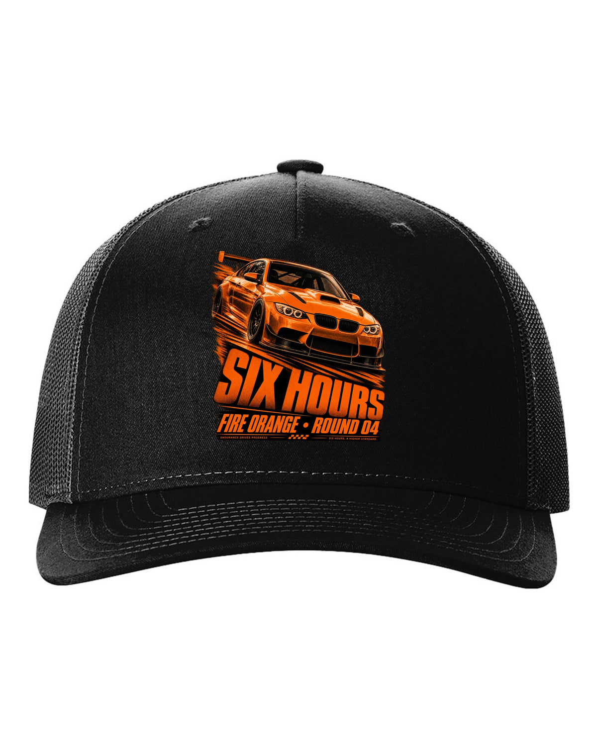 BMW E92 M3 GTS race poster print with Fire Orange round four lettering black hat front view with the design