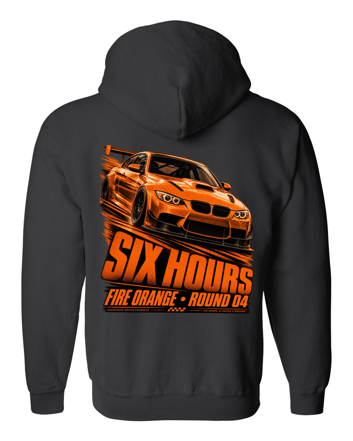 BMW E92 M3 GTS race poster print with Fire Orange round four lettering black zip hoodie back view with the design