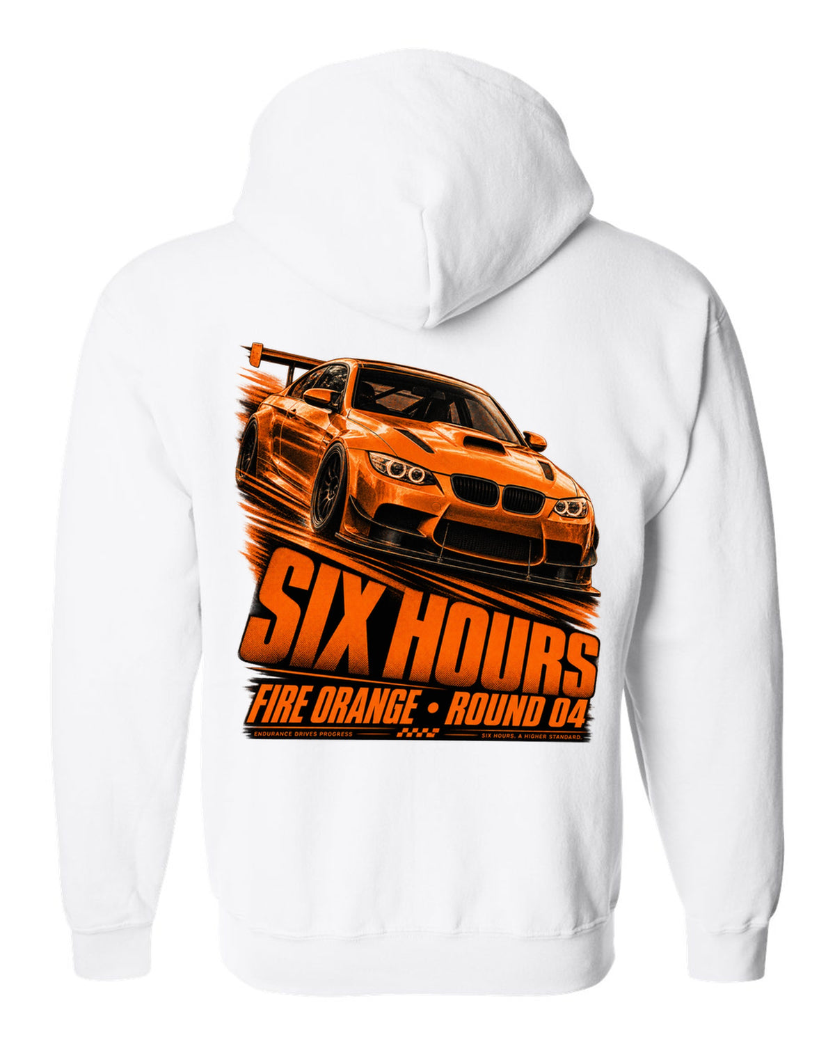 BMW E92 M3 GTS race poster print with Fire Orange round four lettering white zip hoodie back view with the design