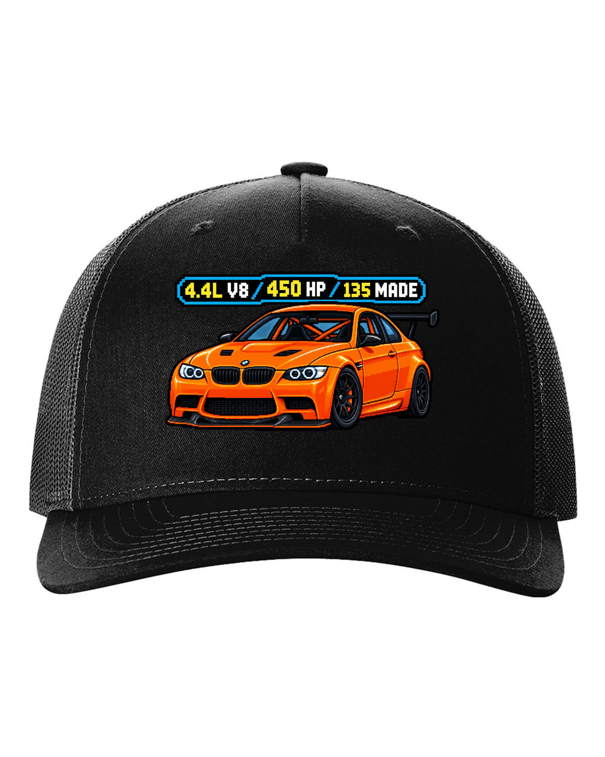 Pixel art print of an orange BMW E92 M3 GTS with 4.4L V8, 450 HP and 135 made text black hat front view with the design