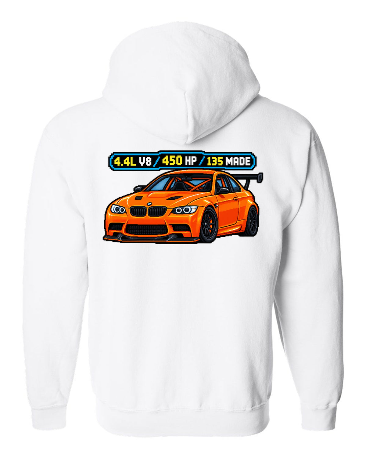 Pixel art print of an orange BMW E92 M3 GTS with 4.4L V8, 450 HP and 135 made text white zip hoodie back view with the design
