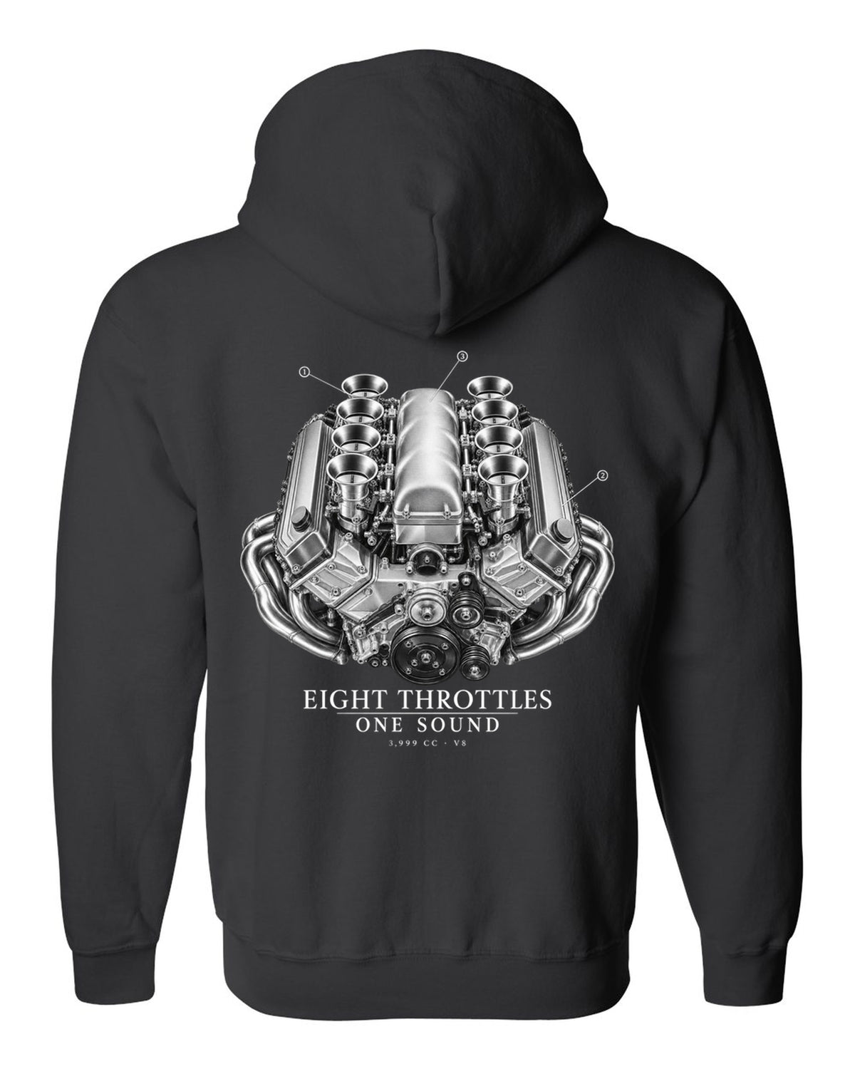 BMW E92 M3 S65 V8 engine illustration print with eight throttles lettering black zip hoodie back view with the design