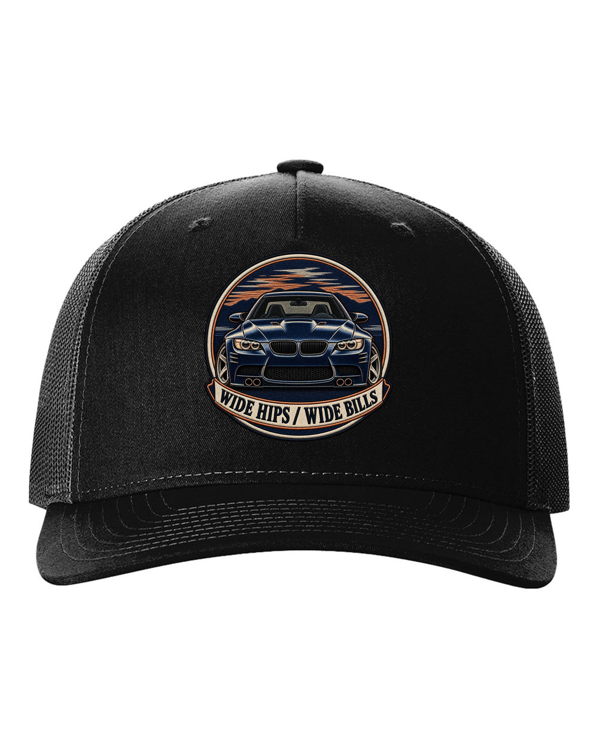 Varsity crest style print of a BMW E92 M3 coupe with wide hips wide bills text black hat front view with the design
