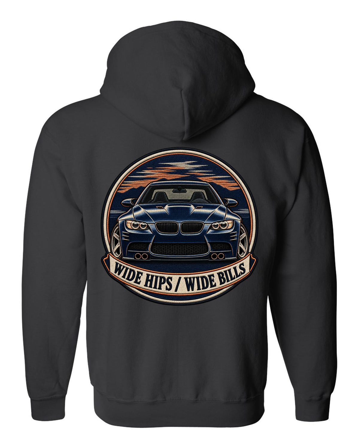 Varsity crest style print of a BMW E92 M3 coupe with wide hips wide bills text black zip hoodie back view with the design