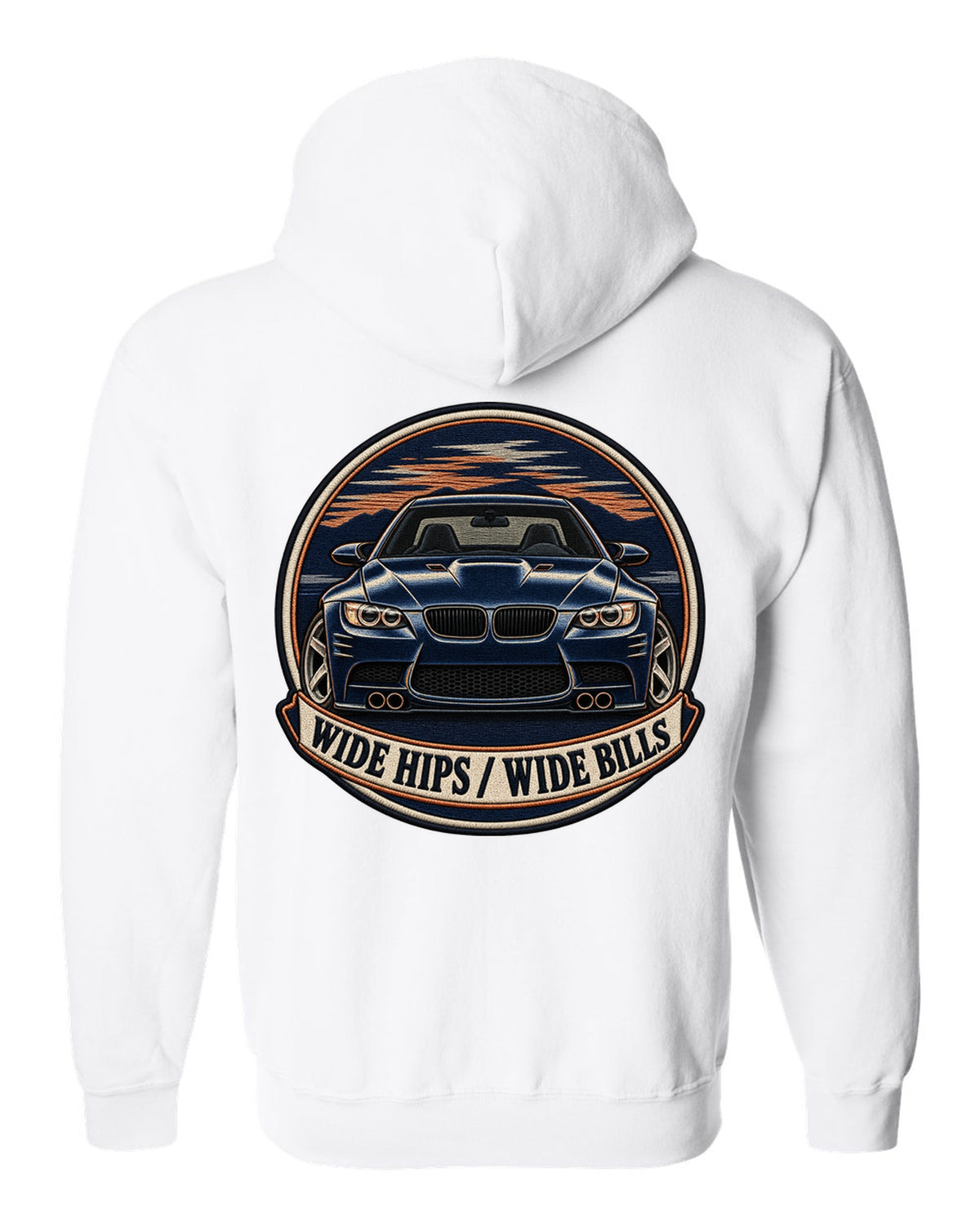 Varsity crest style print of a BMW E92 M3 coupe with wide hips wide bills text white zip hoodie back view with the design