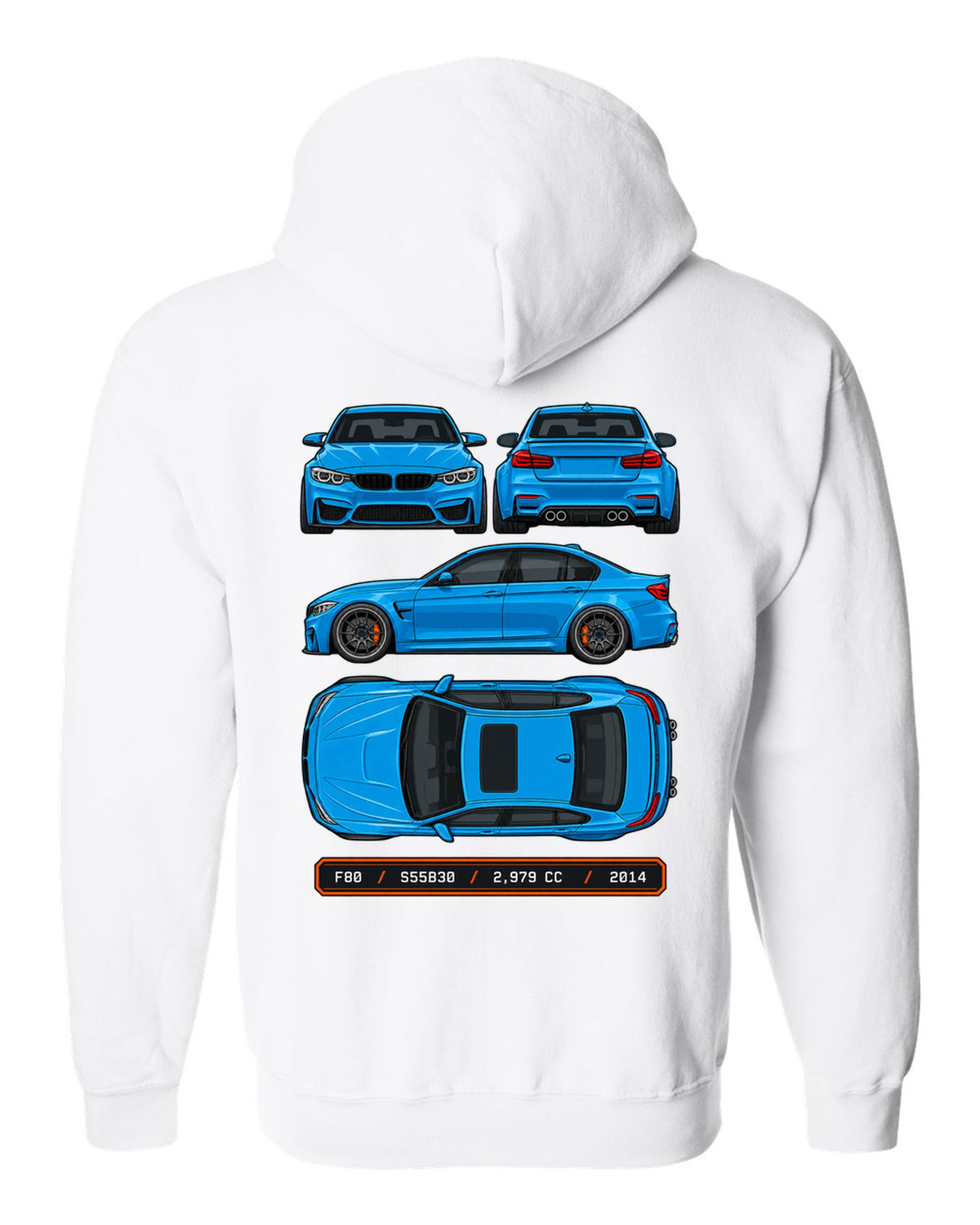 Spec plate style print of a BMW F80 M3 sedan with F80 S55B30 2,979 cc 2014 text white zip hoodie back view with the design