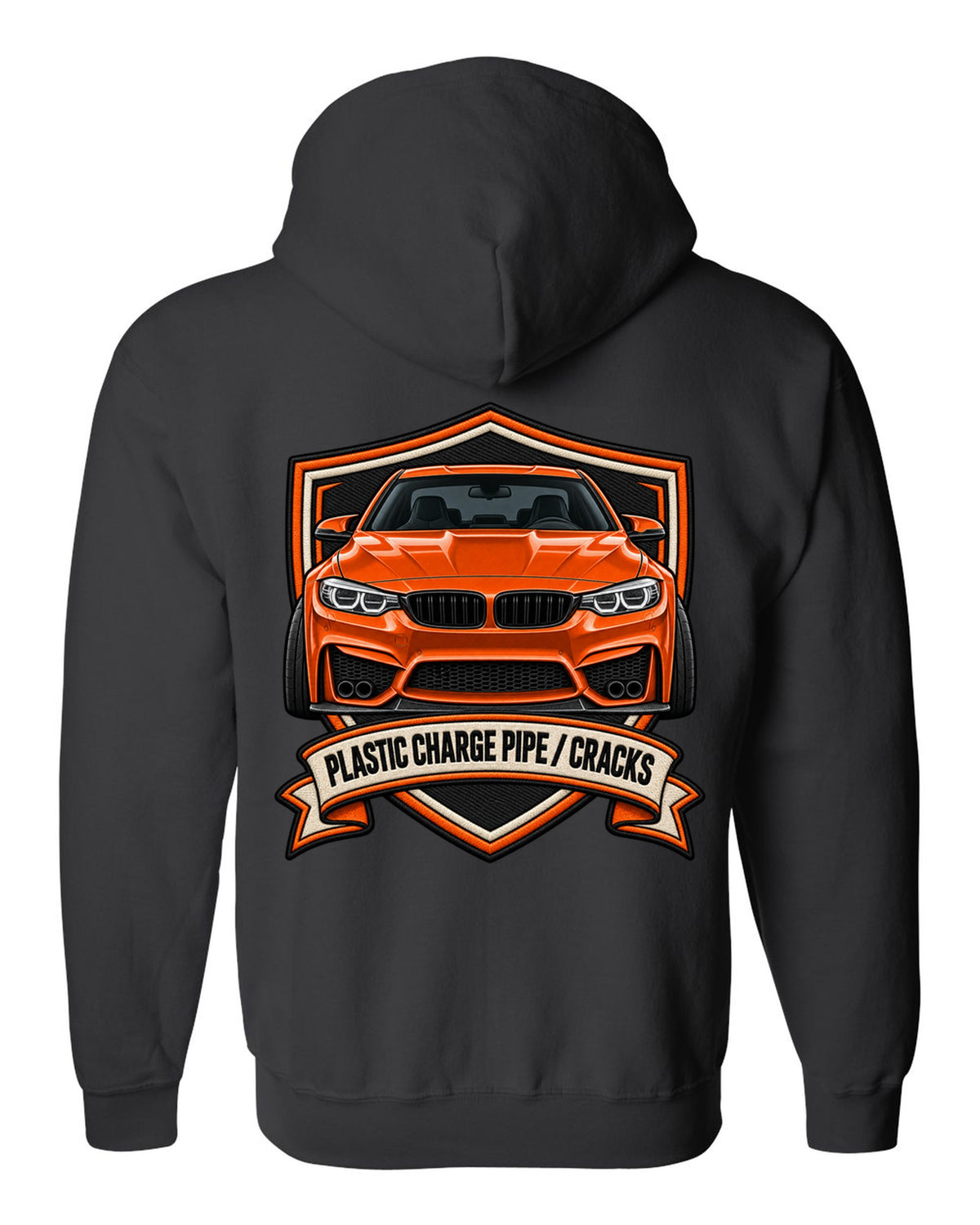 BMW F80 M3 varsity crest print with charge pipe joke text black zip hoodie back view with the design