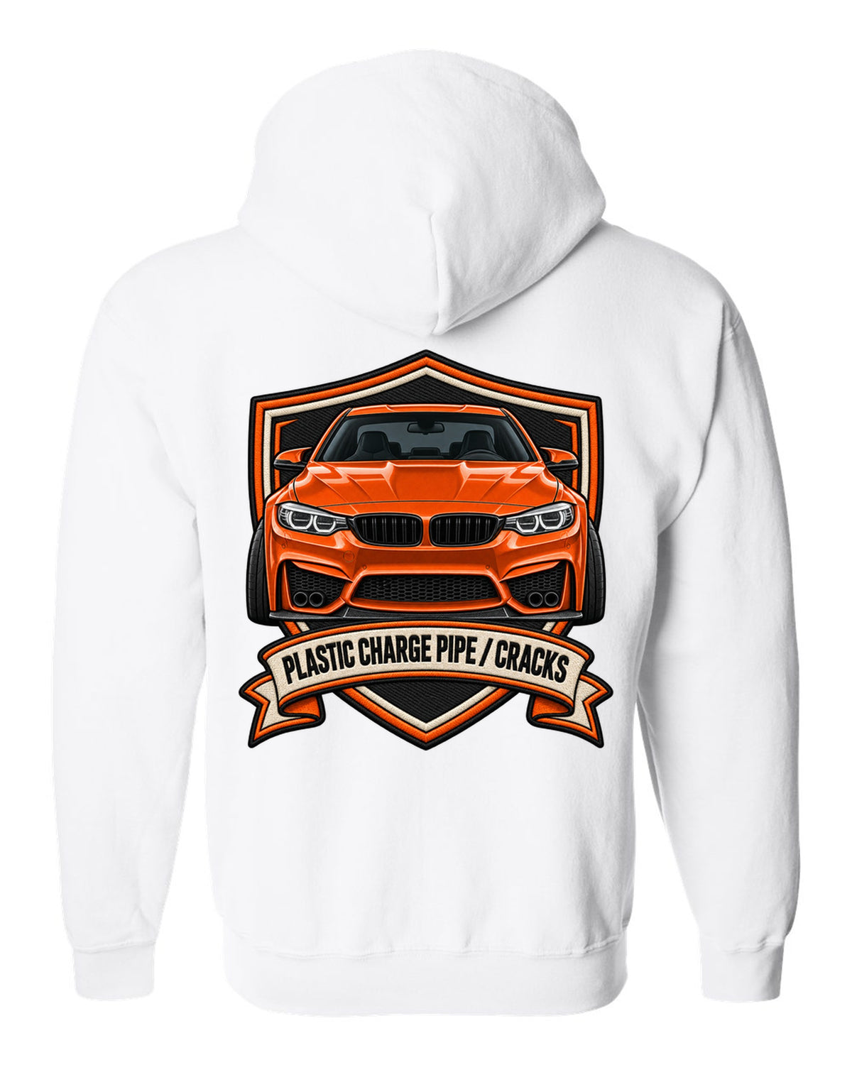 BMW F80 M3 varsity crest print with charge pipe joke text white zip hoodie back view with the design