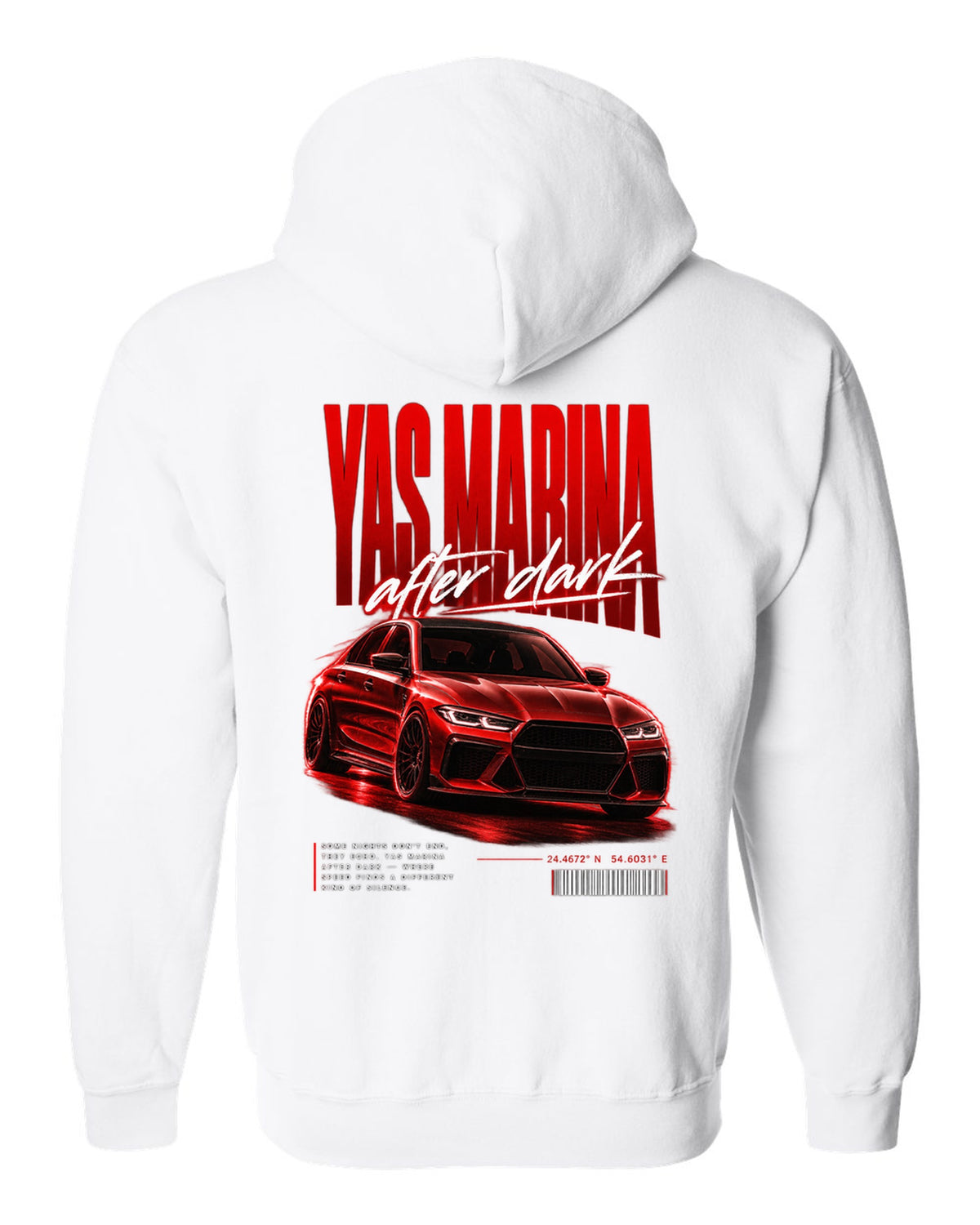 BMW F80 M3 sedan night street poster print with Yas Marina lettering white zip hoodie back view with the design