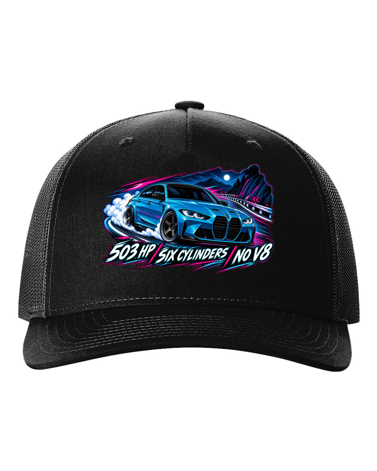 BMW G80 M3 Competition cel-shaded anime night touge print with 503 HP text black hat front view with the design