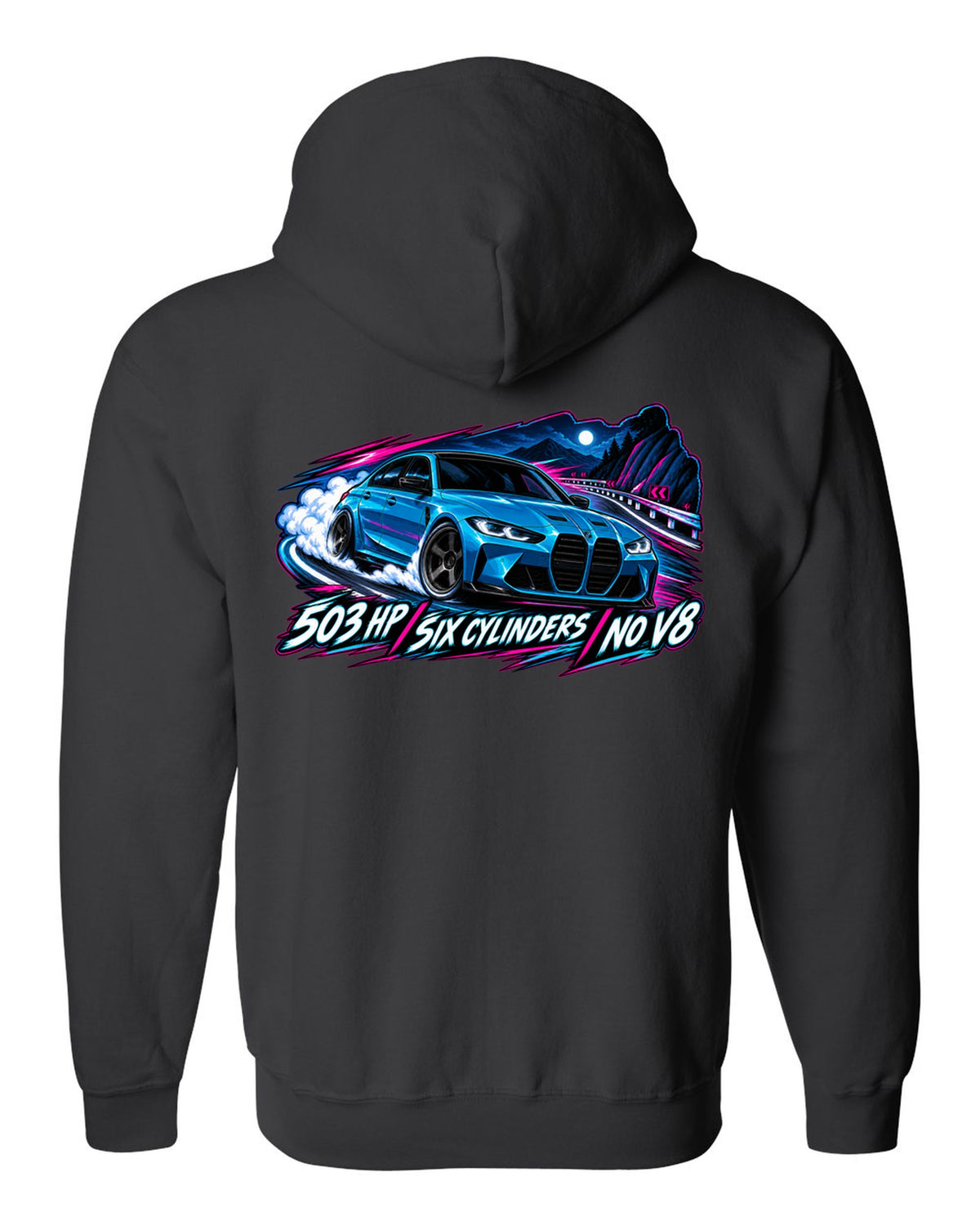BMW G80 M3 Competition cel-shaded anime night touge print with 503 HP text black zip hoodie back view with the design