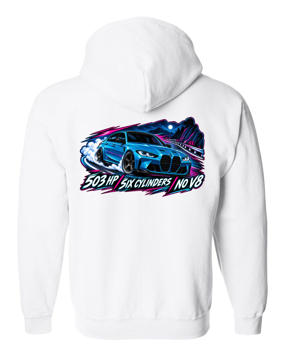 BMW G80 M3 Competition cel-shaded anime night touge print with 503 HP text white zip hoodie back view with the design