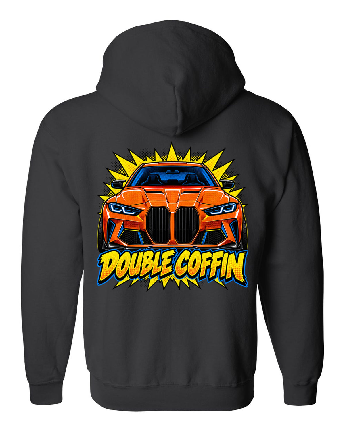 BMW G80 M3 head-on comic halftone pop art print with Double Coffin text black zip hoodie back view with the design