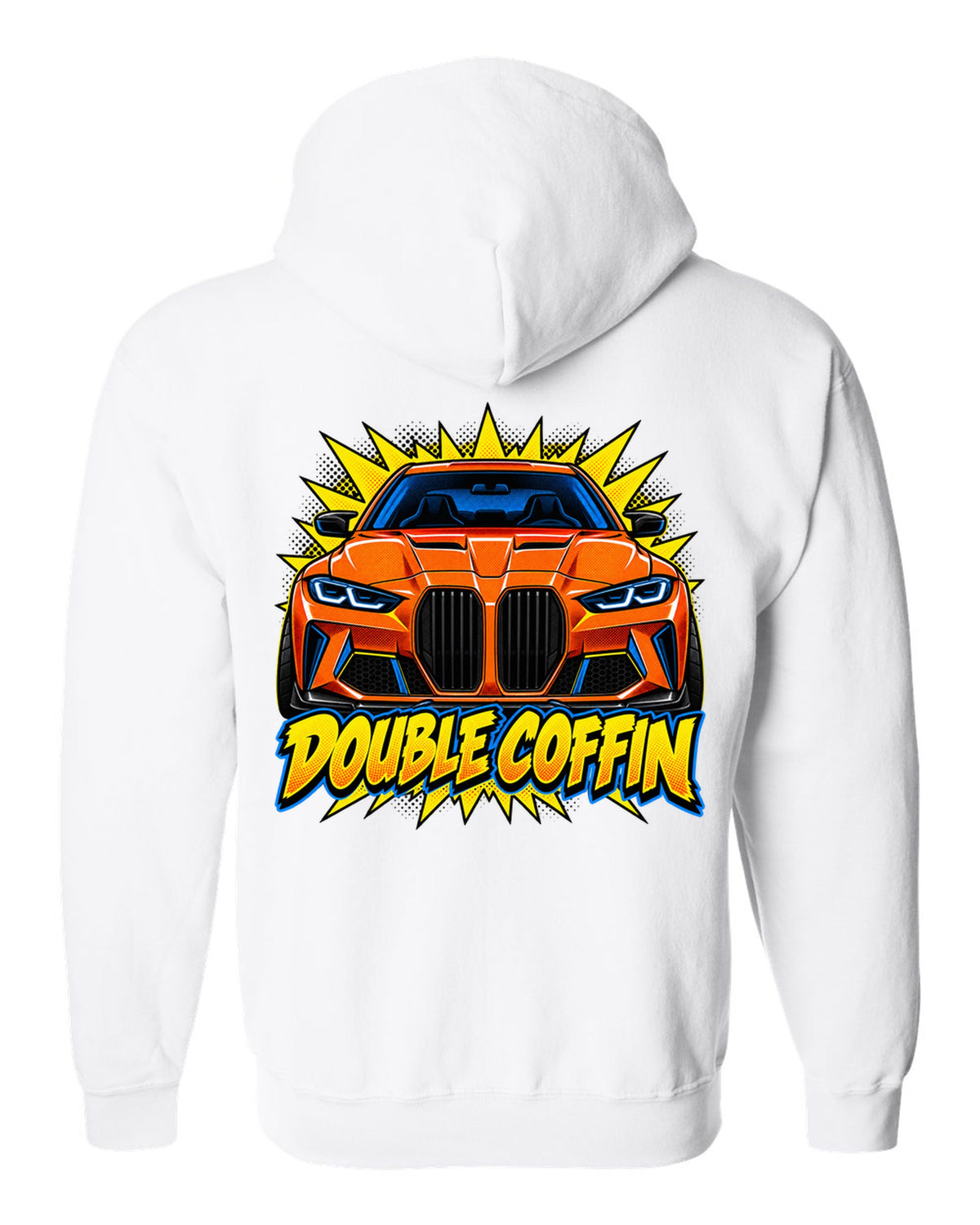 BMW G80 M3 head-on comic halftone pop art print with Double Coffin text white zip hoodie back view with the design