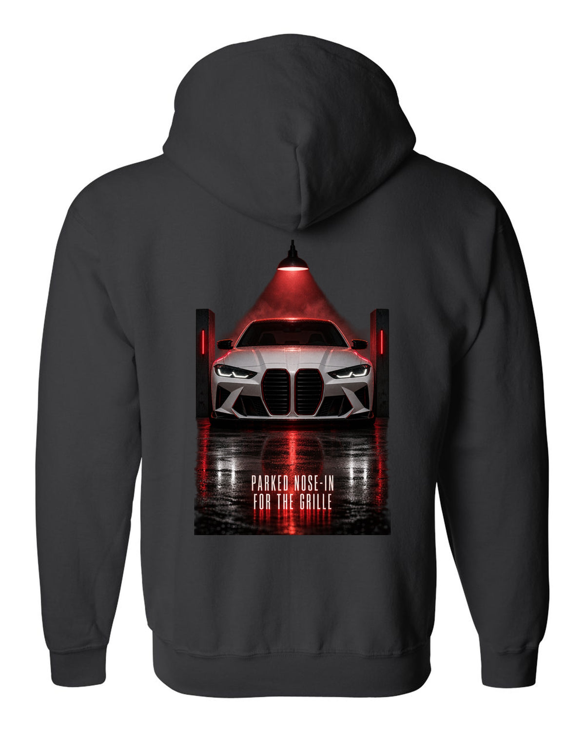 BMW G80 M3 garage night print with parked nose-in for the grille text black zip hoodie back view with the design
