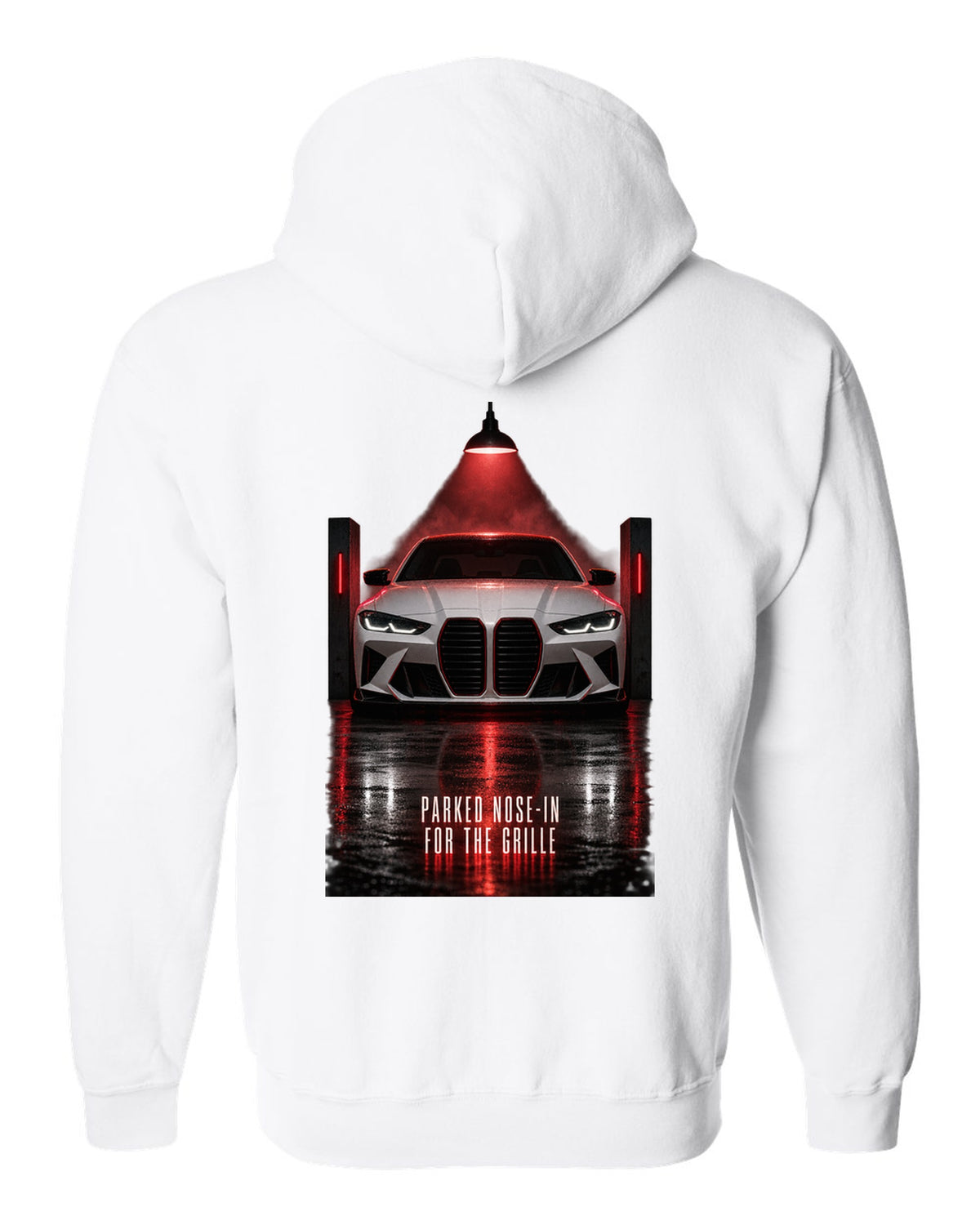 BMW G80 M3 garage night print with parked nose-in for the grille text white zip hoodie back view with the design