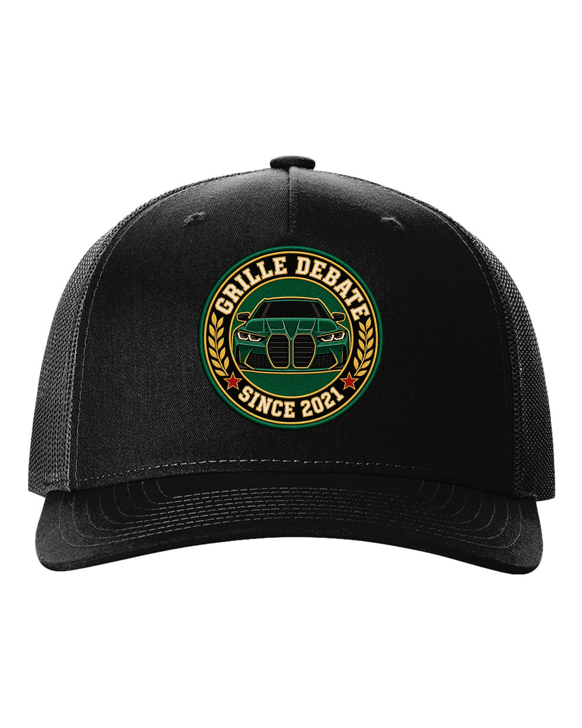 BMW G80 M3 varsity crest print with grille debate since 2021 text black hat front view with the design