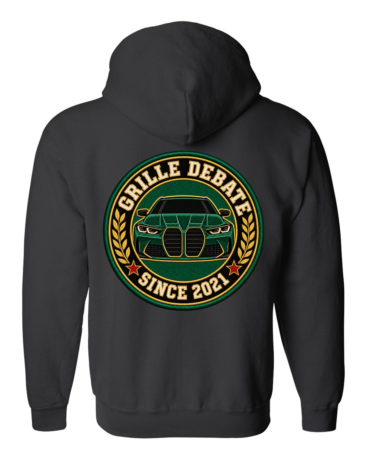 BMW G80 M3 varsity crest print with grille debate since 2021 text black zip hoodie back view with the design