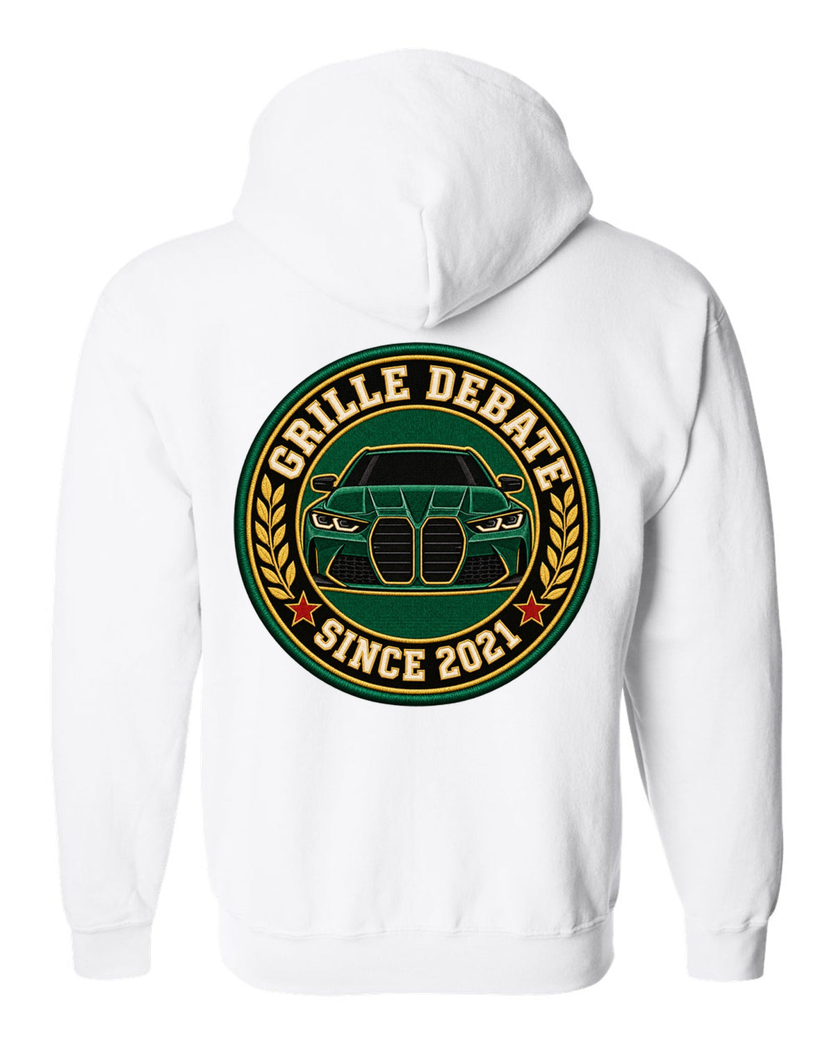 BMW G80 M3 varsity crest print with grille debate since 2021 text white zip hoodie back view with the design