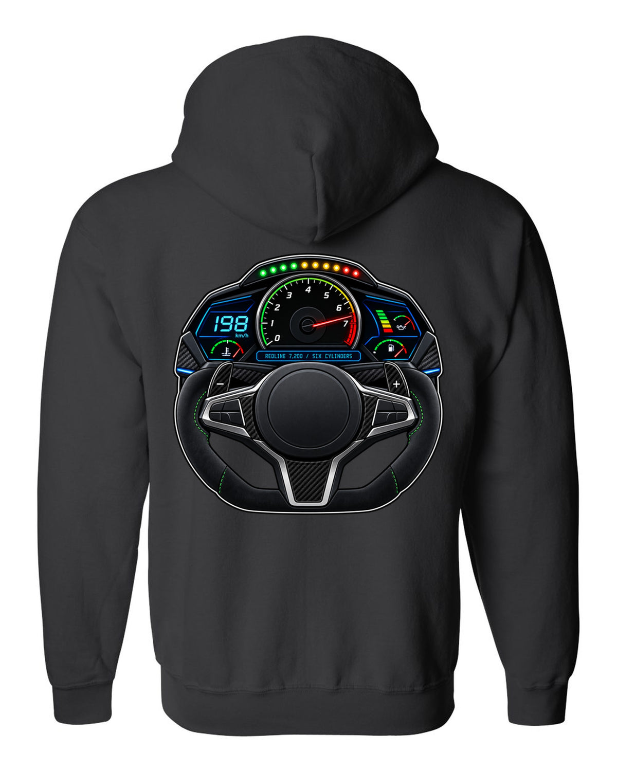 BMW G80 M3 interior gauge cluster HUD print with redline 7,200 text black zip hoodie back view with the design