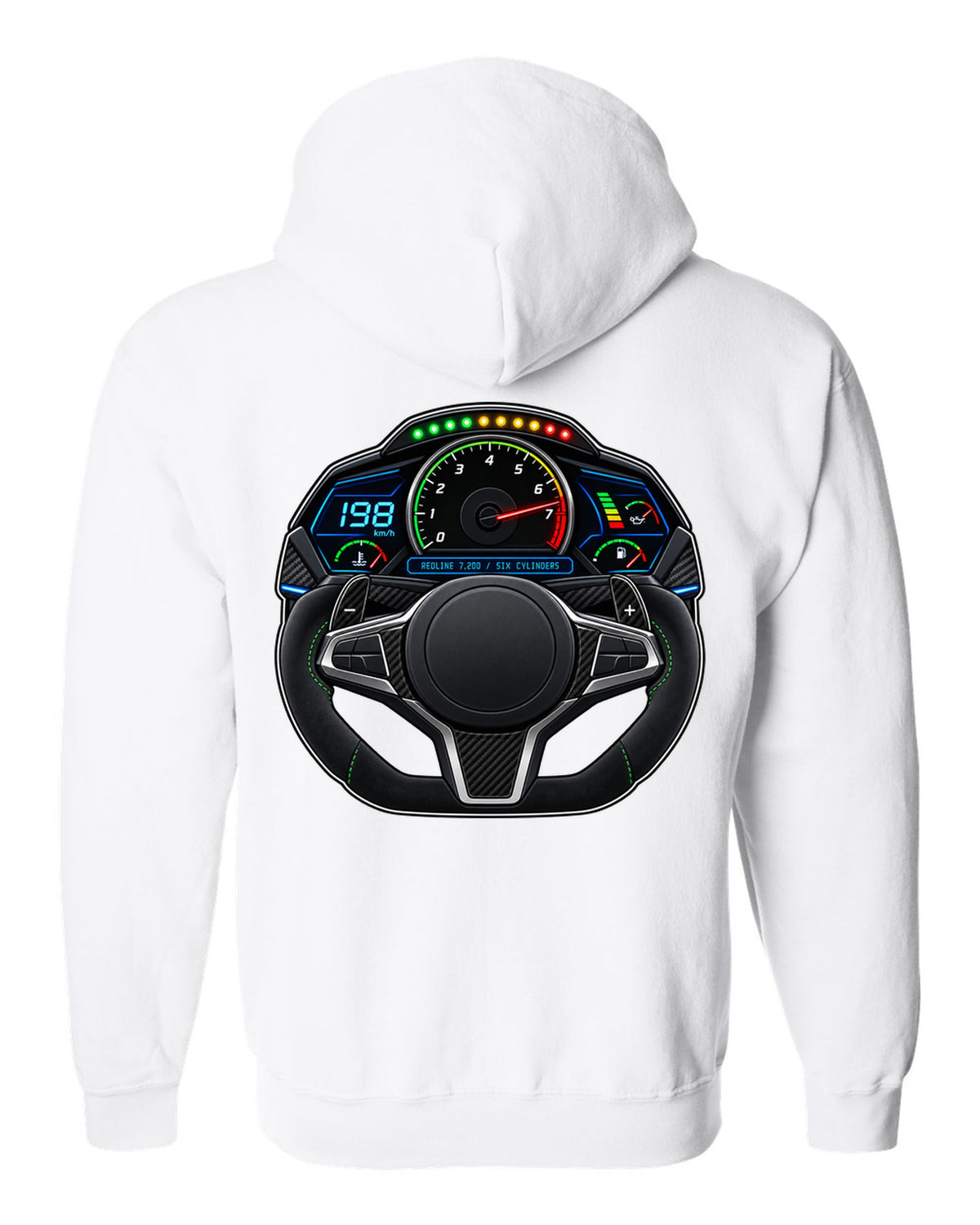 BMW G80 M3 interior gauge cluster HUD print with redline 7,200 text white zip hoodie back view with the design