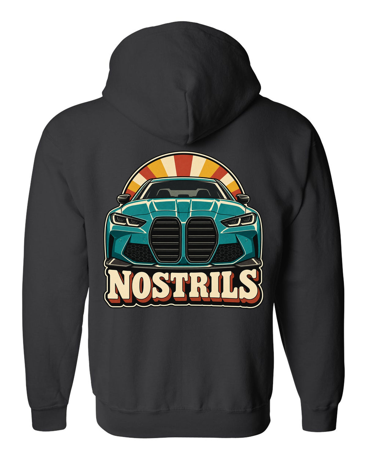 BMW G80 M3 retro catalogue ad style print with Nostrils text black zip hoodie back view with the design