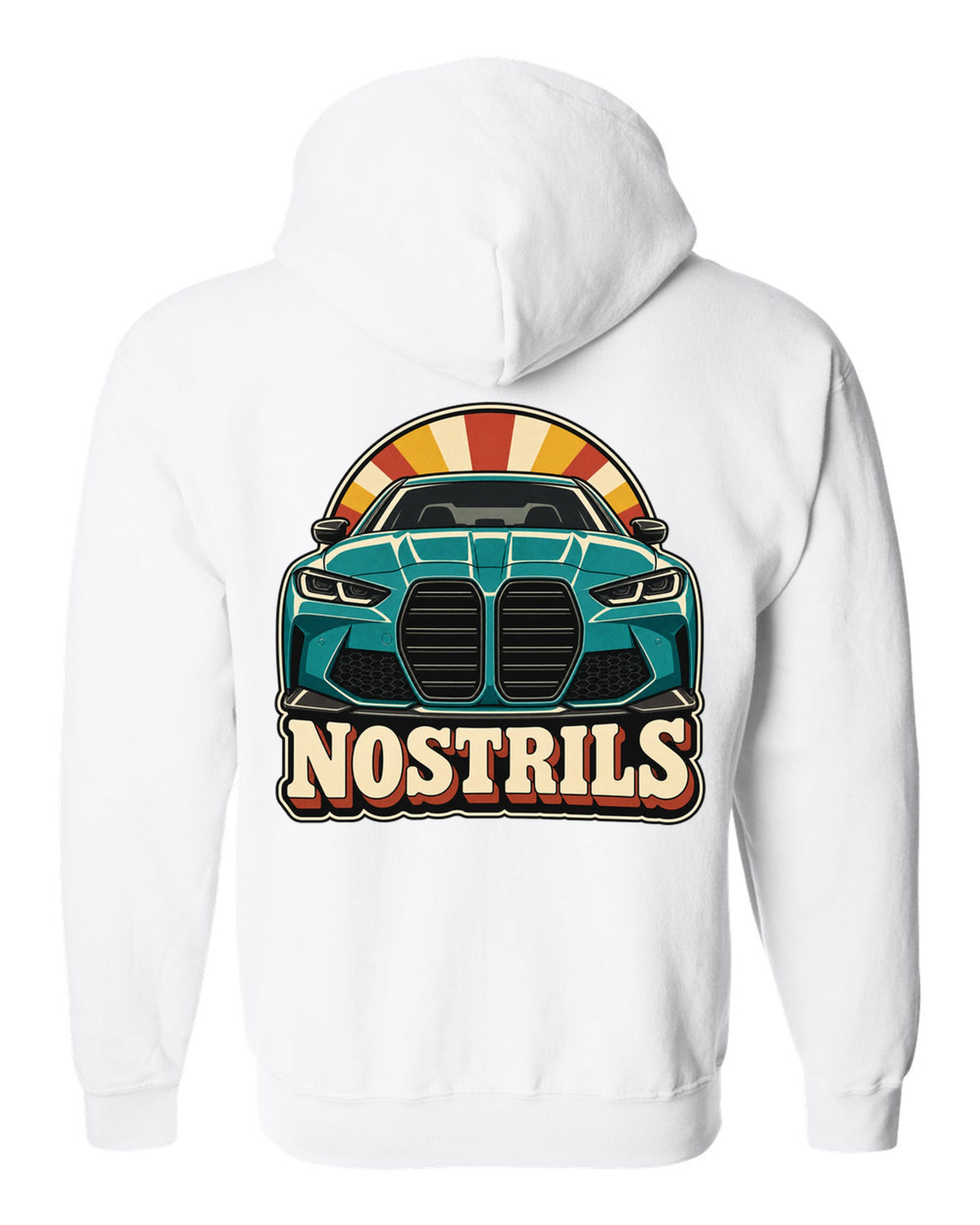BMW G80 M3 retro catalogue ad style print with Nostrils text white zip hoodie back view with the design