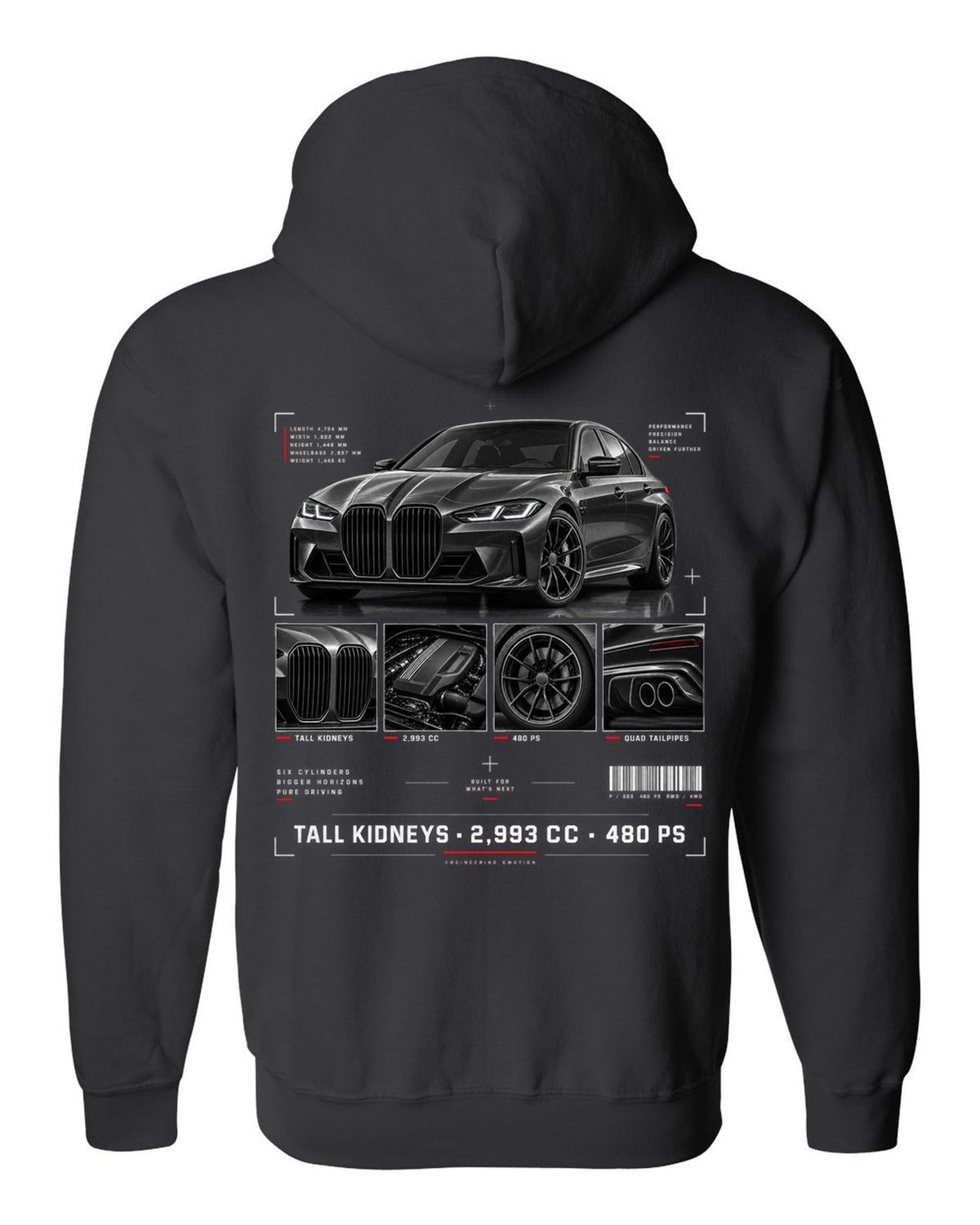 BMW G80 M3 dossier panel print with tall kidneys 2,993 cc and 480 PS black zip hoodie back view with the design