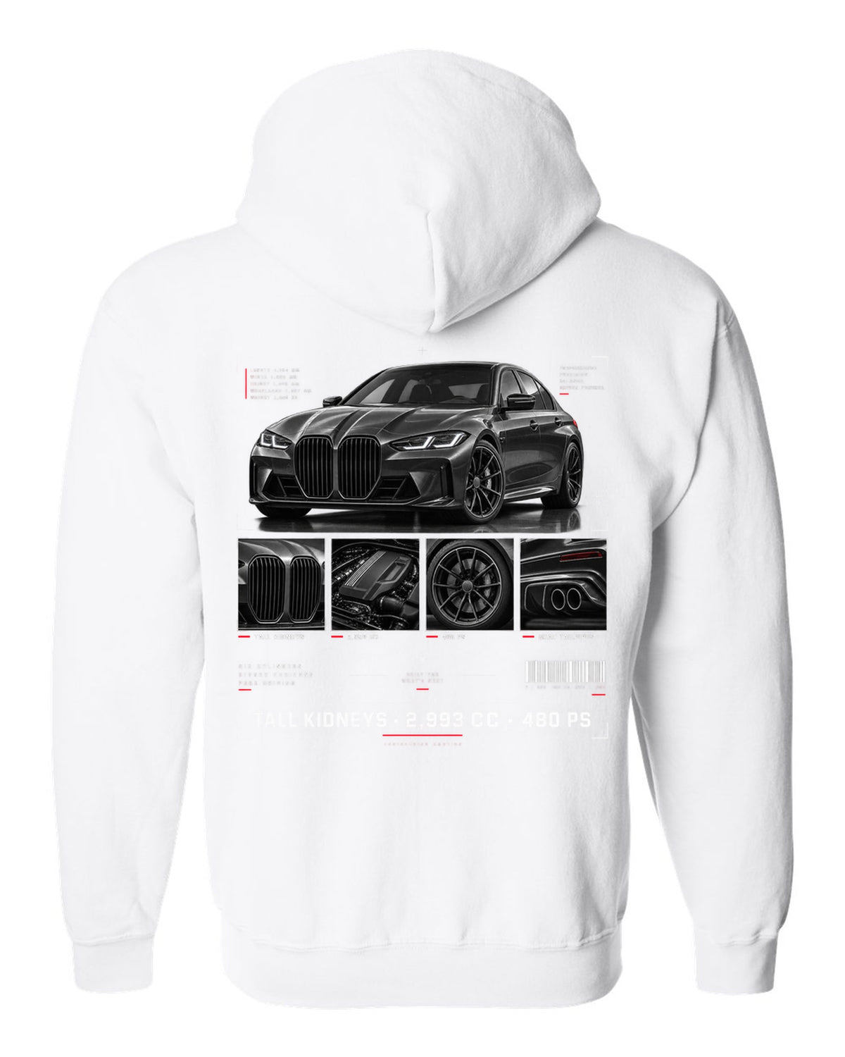 BMW G80 M3 dossier panel print with tall kidneys 2,993 cc and 480 PS white zip hoodie back view with the design