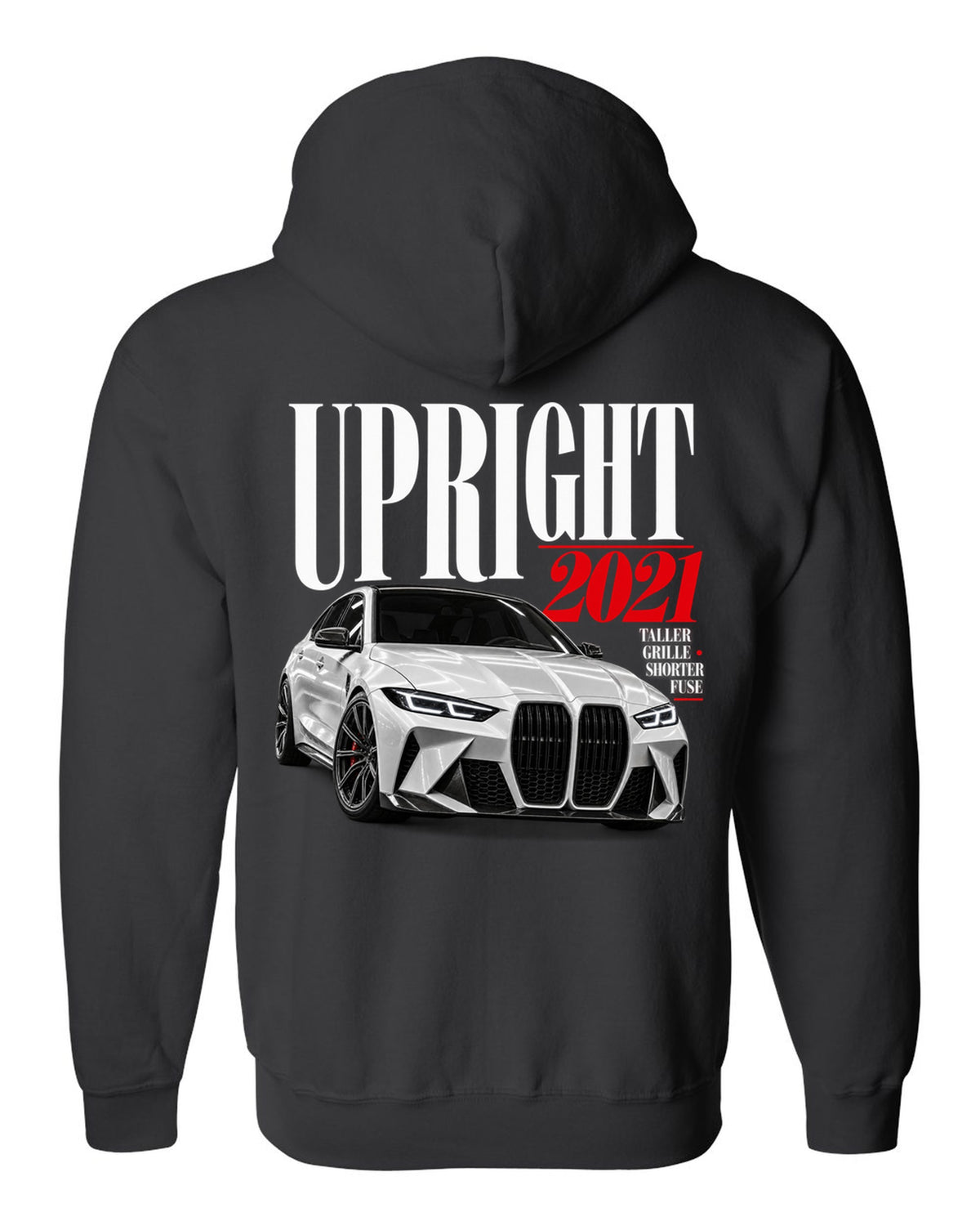 BMW G80 M3 editorial print with upright 2021 headline and grille tagline black zip hoodie back view with the design