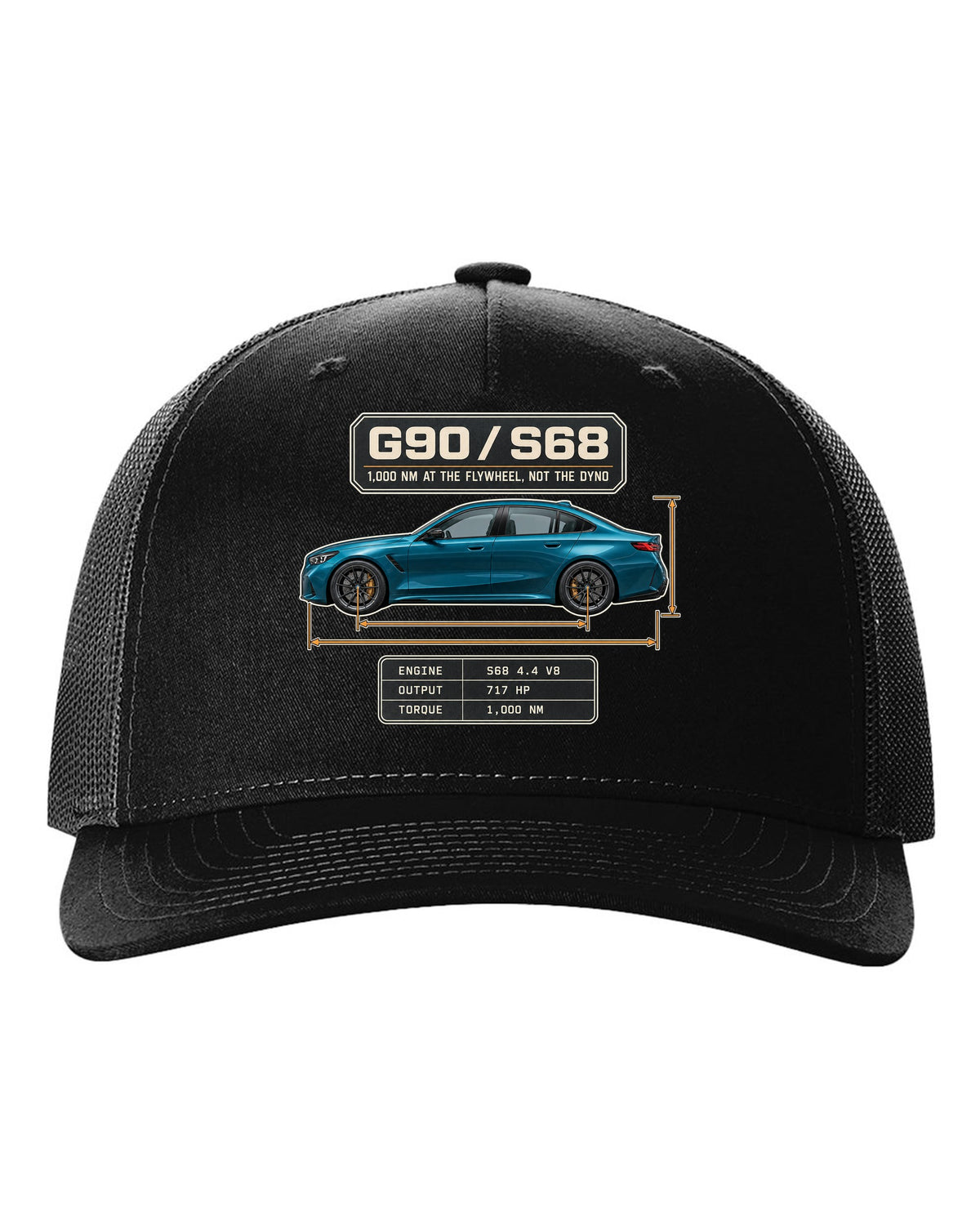 BMW M5 G90 sedan dimension blueprint profile print on a tee black hat front view with the design